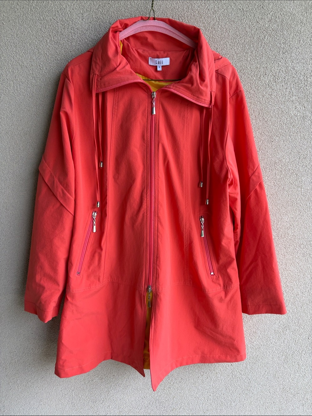 Luii Coral-Red Zip-Front Trench Coat